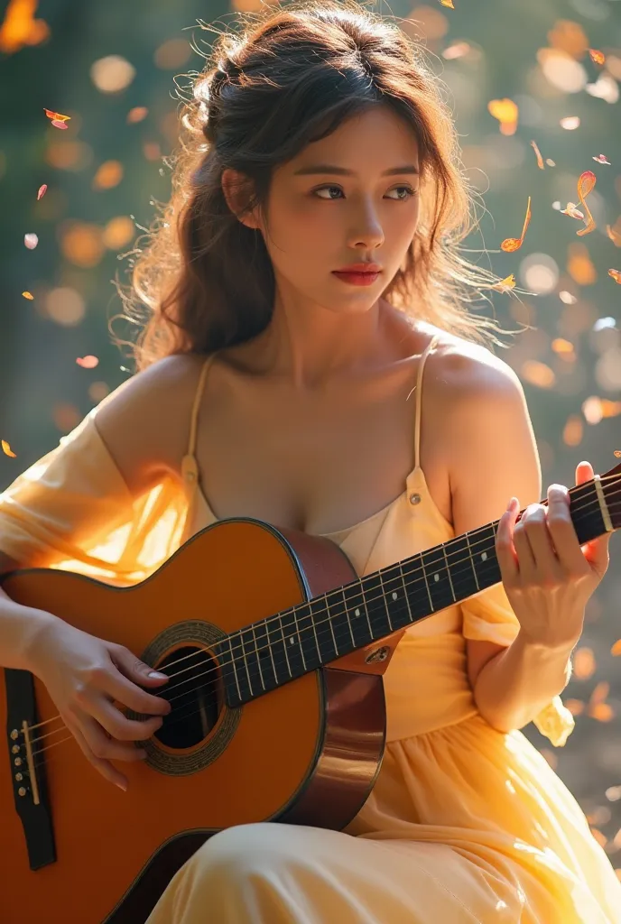 Create a picture of a beautiful woman playing guitar with note beams out of the sound of the guitar ,very bright atmosphere