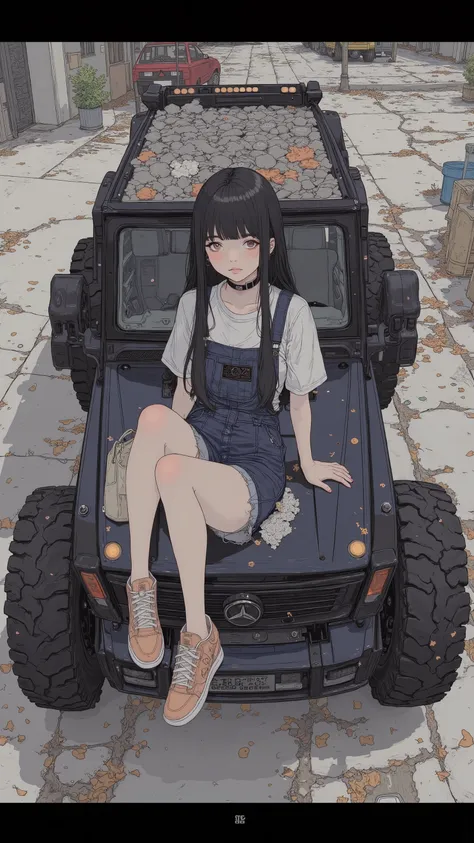  from above、 Fisheye 、Mercedes AMG G 63 6x6、Japanese high school girl sitting on the hood、 overalls、 black hair、 bangs with lots of flowers 、 long hair、 adidas sneakers
