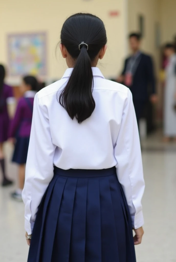 Photo of a 6th grade Indian school girl in school shirt and skirt from behind