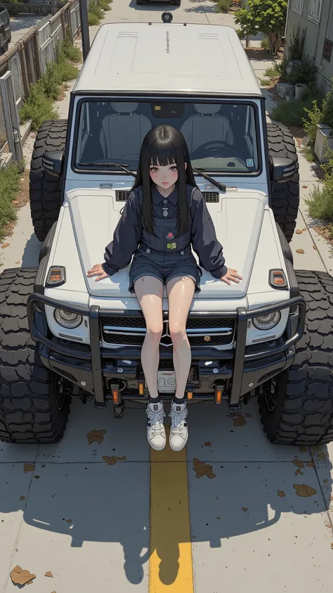  from above、 Fisheye 、Mercedes AMG G 63 6x6、Japanese high school girl sitting on the hood、 overalls、 black hair、 bangs with lots of flowers 、 long hair、 adidas sneakers
