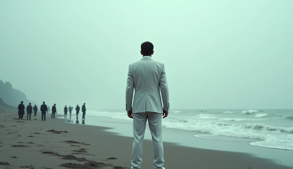 "In the far distance, a man in a white suit stands alone on the beach, his face shadowed. He watches the group, motionless."

(✅ Ensure: The figure looks ominous but unreadable, adding intrigue.)