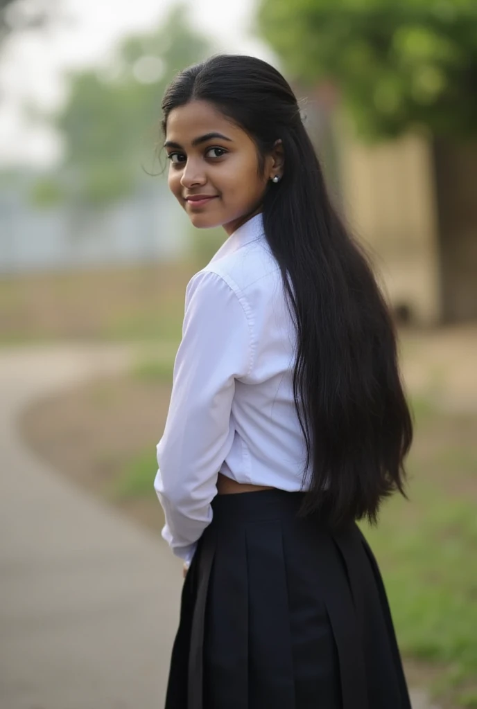 Photo of a beautiful dusky 6th grade Indian school girl in school shirt and skirt from side  