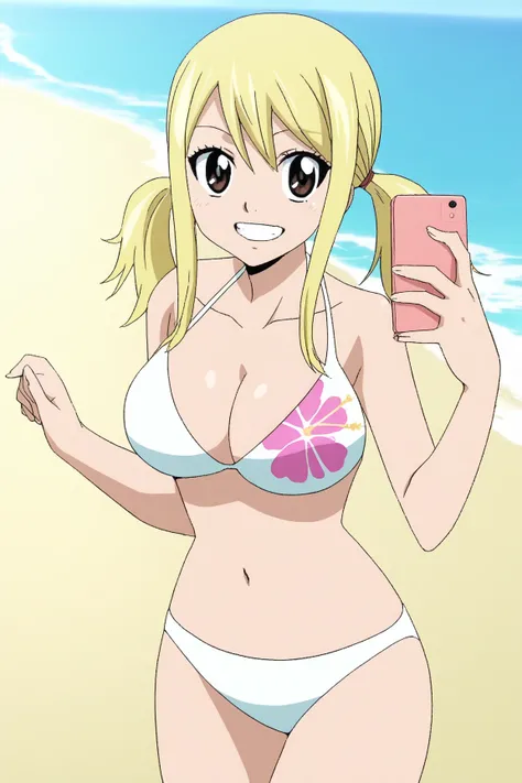 masterpiece, best quality, detailed background, detailed face, anime screencap,
at a beach, 
Lucy white floral bikini (outfit), Lucy Heartfilia (character), lucy heartfilia, 1girl, blonde hair, solo, swimsuit, bikini, twintails, day, tattoo on girl's right...