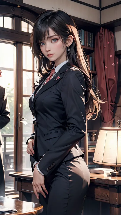  long hair, woman,  suit, slender, Age 25,  Japanese