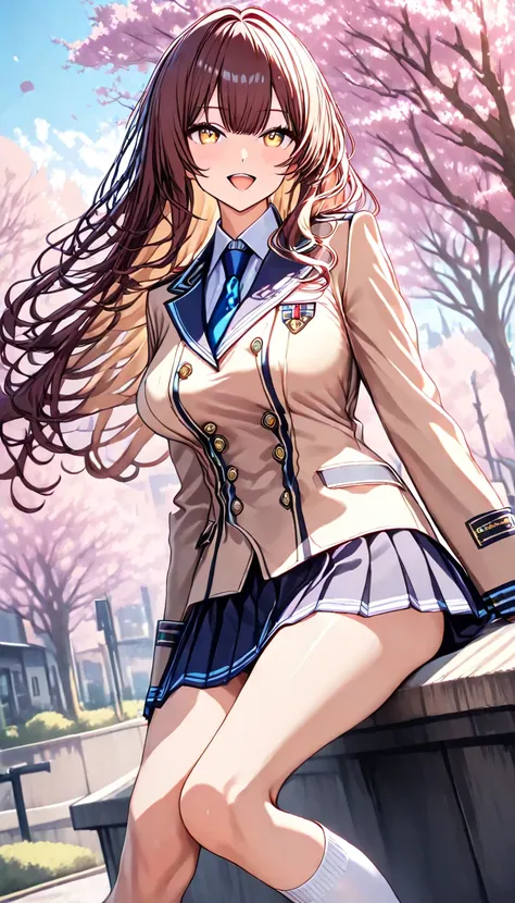 ​( top quality, 8k,  masterpiece:1.3, beautiful girl), ( very well detailed) growing skin,((( long hair,ブロンド, beautiful hair))),( perfect anatomy,  anatomically accurate,  very well detailed肌),((  golden eyes )),((  light blue collared shirt  ,  navy pleat...