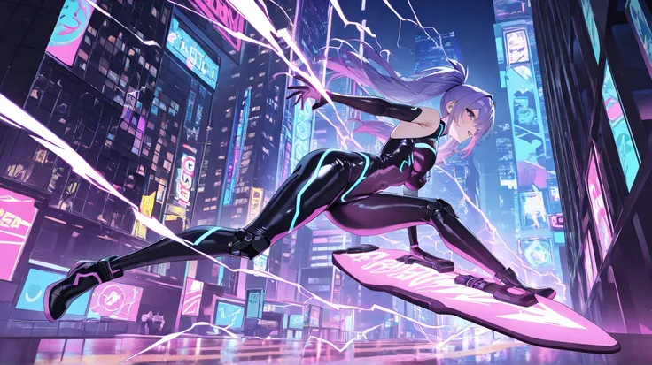 A futuristic cyber city pulsates with electric energy. The protagonist, a cybernetic girl with glowing circuit tattoos and a high-tech bodysuit, stands atop a skyscraper, lightning crackling around her. She jumps, riding an electrified hoverboard, racing t...