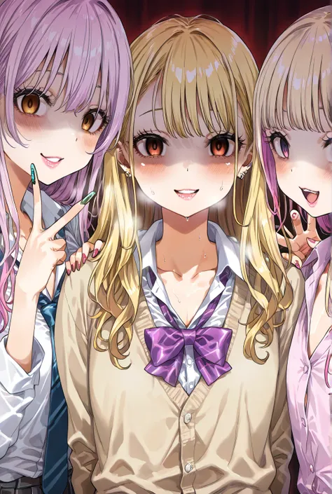 gyaru,3girls,flat chest,v,upper_body,yandere、