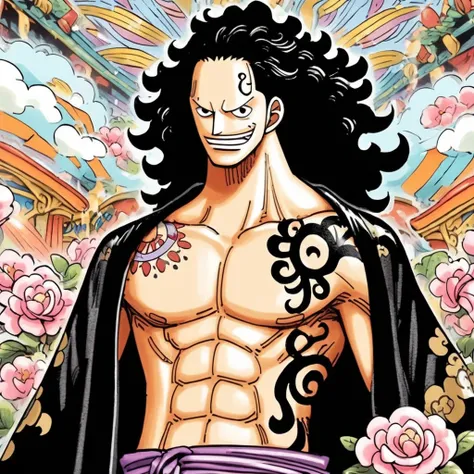  anime style (One piece), a long-haired man wearing a black kimono with pink flower details, shirtless and full of tattoos 