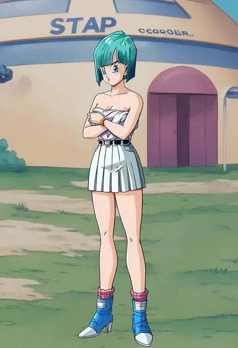 Bulma, Saga de los Androides ,  short hair, aquamarine hair, bob cut style .,  water colored hair , Bangs,  blue eyes, attire, de Saga de los Androides  color rosa, pink strapless shirt ,  Pink Pleated Skirt  ,  bare shoulders,  front stop, serious guy.  f...