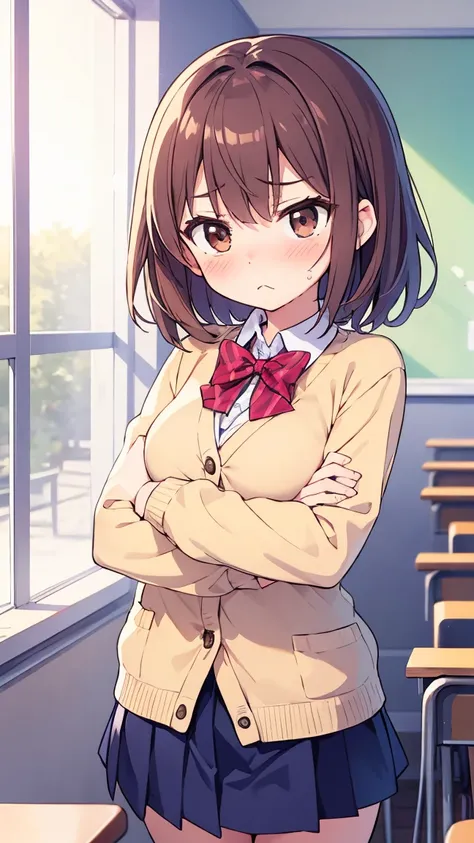 "A cute tsundere girlfriend with short brown hair and a frustrated expression, wearing a school uniform with a cardigan. She is blushing and holding her arms crossed, while looking away with a pout. In the background, there is a classroom with a window let...