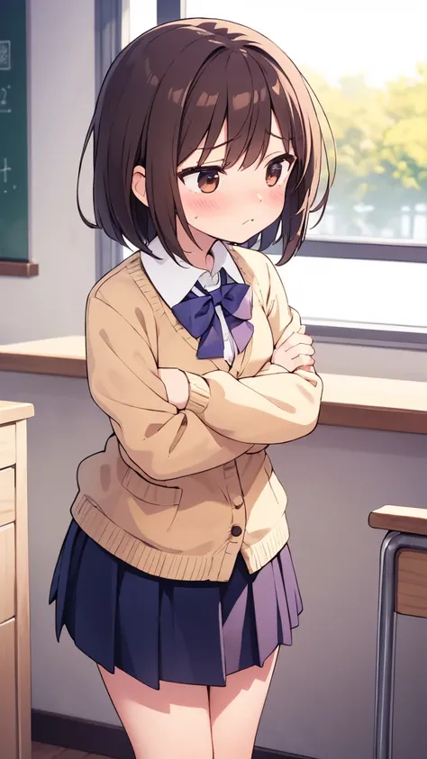 "A cute tsundere girlfriend with short brown hair and a frustrated expression, wearing a school uniform with a cardigan. She is blushing and holding her arms crossed, while looking away with a pout. In the background, there is a classroom with a window let...