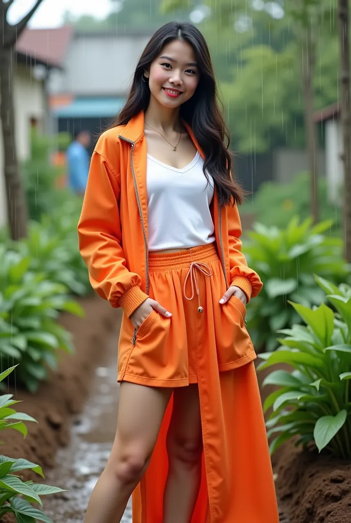 [(  photograph of a slim Filipina teenager , white,  beautiful and charming , pale skin,] ( (  full-body shot ,Random shot), ( without makeup )  working,( wearing a beautiful jacket with an open zipper )(mini camiseta white corta sucia, color orange long s...