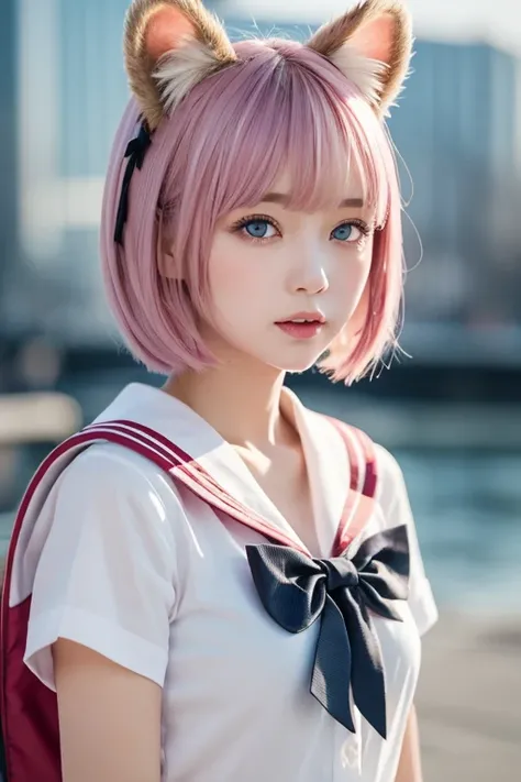  ski style,  One Girl , Alone,  pink hair,  animal ears ,  blue eyes, Wings,  looking , bangs,  short hair, bow,  sailor color , white  sailor color , hair bow, pink bow,  Closed Her Mouth ,  shirt, white  shirt, bear ears,  bob cut, Mini Wing,  portrait, ...