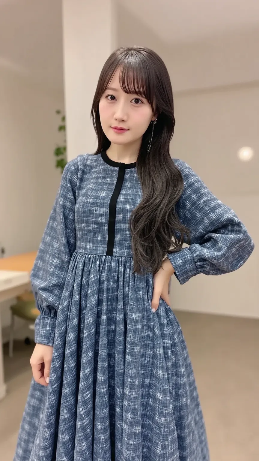 "A tsundere girlfriend with long, straight black hair and sharp blue eyes, dressed in a stylish modern outfit. She stands with a hand on her hip, looking annoyed but secretly embarrassed, as if she just accidentally said something nice. The setting is a co...