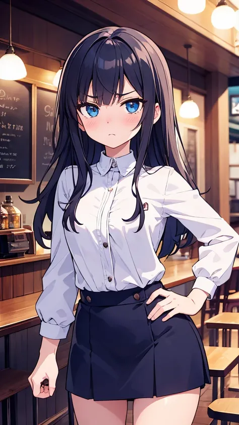 "A tsundere girlfriend with long, straight black hair and sharp blue eyes, dressed in a stylish modern outfit. She stands with a hand on her hip, looking annoyed but secretly embarrassed, as if she just accidentally said something nice. The setting is a co...