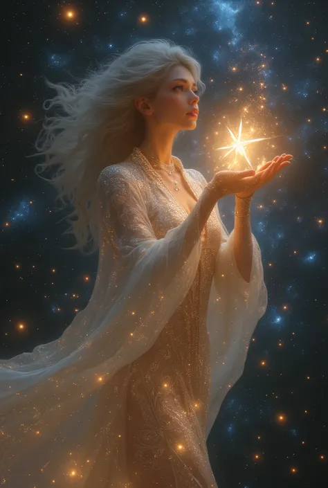 A celestial goddess with flowing silver hair, dressed in a shimmering cosmic gown, holding a glowing star in her hands as she floats in the vastness of space