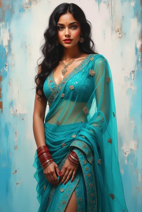  Mosaic painting Turquoise  to white color gradient background, oil painting with visible impressionistic strokes of ((best quality)), ((masterpiece)), (detailed), (beautiful realistic model), front desk office receptionist , Full body potrait,Standing pos...