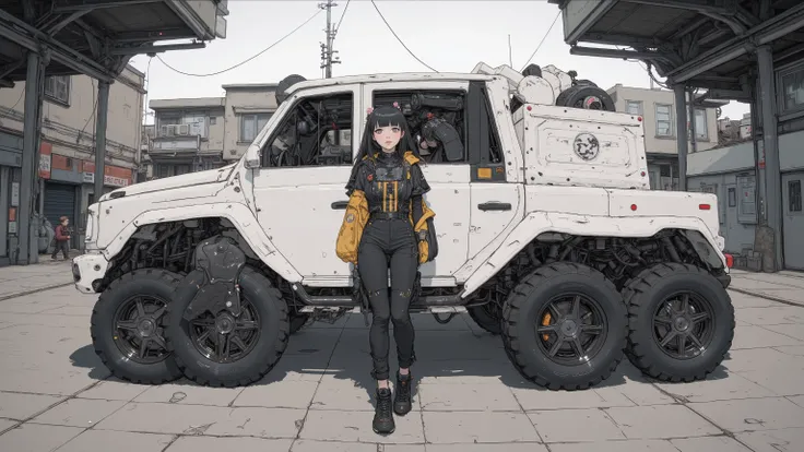  from above、 Fisheye 、white mercedes AMG G 63 6x6、Japanese schoolgirl standing in front of a car 、 black and yellow pilot suit、 black hair、 bangs with lots of flowers 、 long hair、 adidas sneakers
