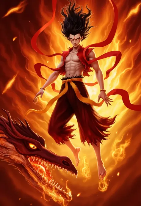 This is a digital artwork depicting a dramatic scene of a muscular, male warrior in mid-air, surrounded by intense flames and a large, menacing dragon. The warrior is shirtless, showcasing his defined, muscular physique. He has long, flowing black hair tha...