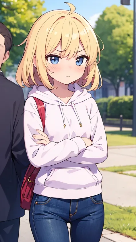 "A tsundere girlfriend with medium-length, messy blonde hair, wearing a hoodie and jeans. She's blushing deeply while crossing her arms and turning her head away, trying to act tough but her expression betrays her feelings. The scene takes place in a park ...