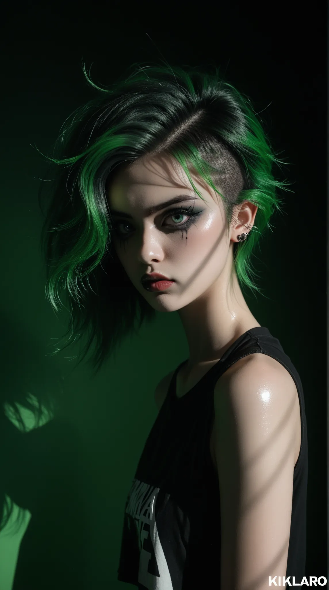 young korean goth girl, snapshot aesthetic, light black, greens, blacks, and whites, chinapunk, slender, karencore, high details, shadow, in motion, film still, kizi, clean background, black background, white background, green background, metallics, green ...