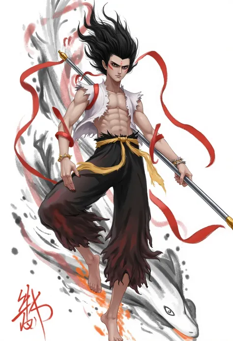 Nezha,This is a digital drawing in a stylized, anime-influenced art style. The central figure is a male warrior with a muscular, athletic build. He has long, flowing black hair that appears to be windblown, and his eyes are narrowed with intensity, giving ...