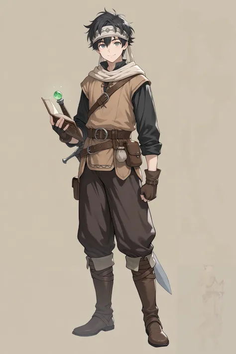 solo, 1boy, male_focus, headband, ((full_body)), short messy black hair, bright gray eyes, innocent and optimistic expression, wearing simple earthy-toned traveler's attire (green, brown, and beige), equipped with a well-maintained one-handed sword, a smal...