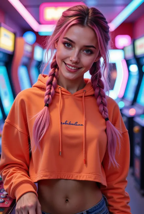 A high-resolution, medium shot of a young, fit woman with long, vibrant pink hair styled in two tight braids with soft, natural waves cascading at the ends. She has almond-shaped honey-green eyes, warm bronzed skin with a soft glow, laminated medium-thick ...