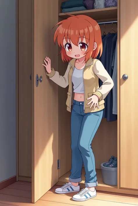 A young girl taking off her jeans undressing sneakers closet Ichigo Mashimaro style