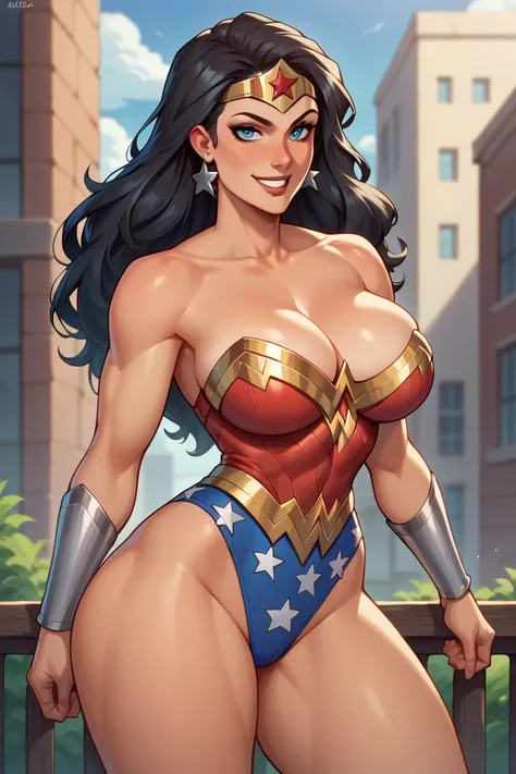 Wonder Woman,  long black hair,  blue eyes, smile, pechos grandes copa d., BIG BREASTS, big ass, A big city in the background