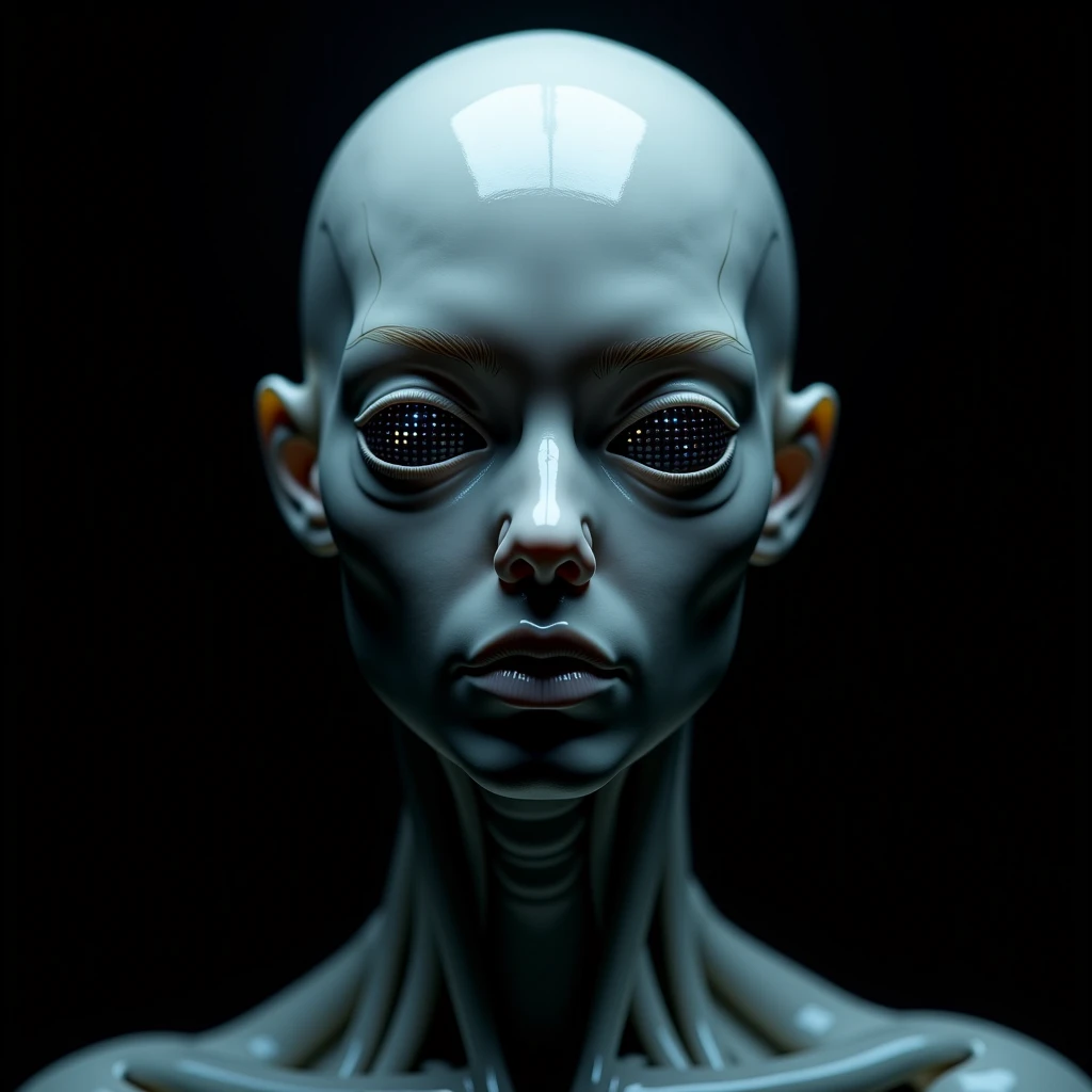  completely black background,  ultra-detailed in the photographic style of Gans Rudolf Giger , ANTHROPOMORPHIC ORGANISM BEAUTIFUL ORGANIC WOMAN ANATOMICALLY SIMILAR TO HUMAN,  translucent skin made of hard elastic silicone ,  the eyeballs consist of dozens...