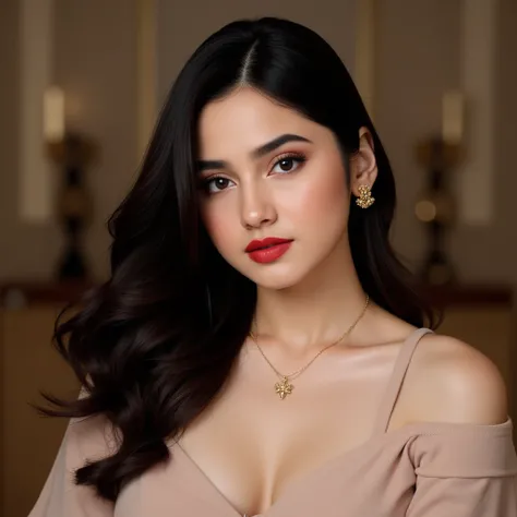 a woman in a dress with a necklace and earrings, black hair, brown eyes, upper body, red lips