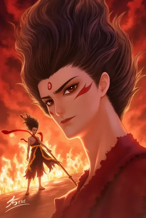 Nezha,A highly detailed digital artwork in a dramatic, anime-style showcases an intense moment of battle or magic. The image focuses on a close-up profile of a young male warrior, his sharp angular jaw and intense, narrowed eyes expressing fierce determina...