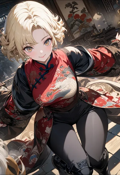 ((A short  female about , smiling, in a Western castle, wearing a Chinese-style brown vest with long sleeves, pattern on the dress, black pants, black boots, blonde, very short hair, spiral perm)), (Masterpiece: 1.2, highest quality), (Delicate and beautif...