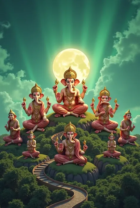 Lord ganesh, monkey faced Lord hanuman, Lord Ayyappa all these three gods  sitting on a hill in a row, nine nava grahas praying in one side to them. Wealthy, Healthy RSR banners diplayed  in electric emerald background