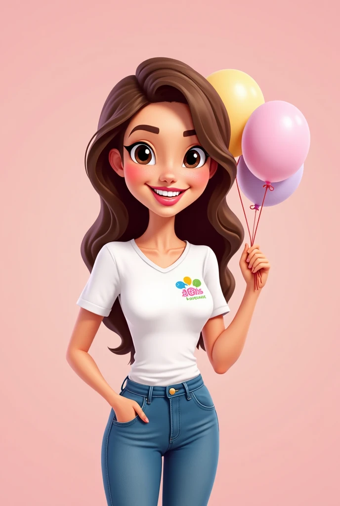 Create a cute and flashy character for 'Gigi Festas',  a party and toy decoration company .  The character must have an animated style,  inspired by the aesthetics of Disney and Pixar ,  with a vibrant and welcoming look .The character will be a white woma...