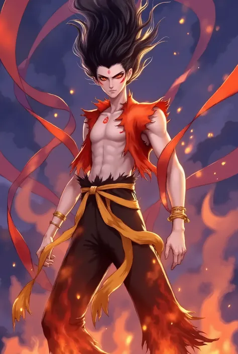 Nezha,A fierce and ethereal character stands in a dynamic pose, exuding an aura of intense power. With sharp, angular features and fair skin, their glowing red eyes pierce through the scene, amplifying their intimidating presence. Short, spiky black hair f...