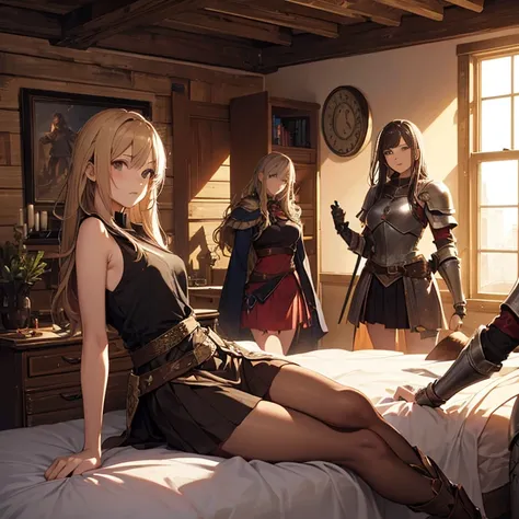 A group of  female medieval fantasy adventurers, (in bedroom), various hair styles, harem, wooden logs wall, details face, short skirt, seducing, sleeveless, armor, on bed