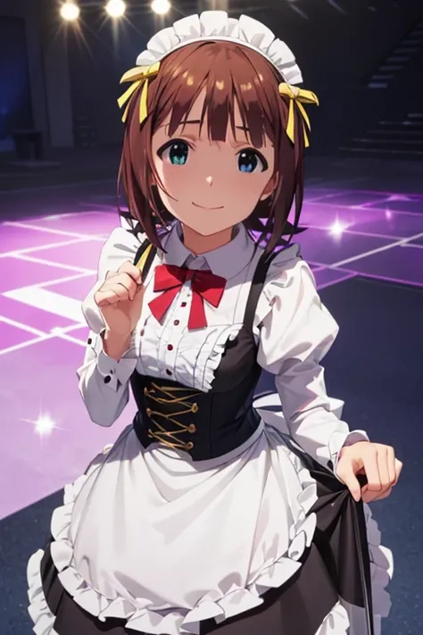    top quality 、  high image quality 、  one girl、 Amami Haruka、  Compa、 standing on the grass 、 Maid Wearing Black and White Clothes,  Very detailed facial modeling 、smile、  closed my mouth ,  beautiful red eyes  ,   brown hair、smile, great photo ,   drama...