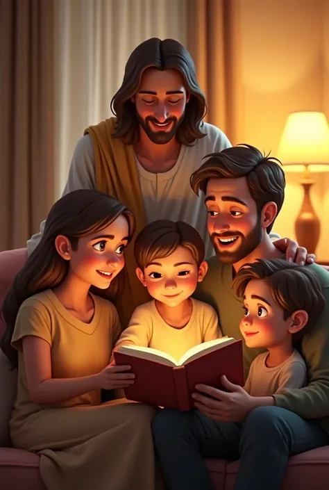 Generate an animated image of a family gathered in their living room, reading books together .  The family is composed of a father ,  a mother ,  a son and daughter ,  all dressed casually and with expressions of happiness and harmony .  In the scene ,  a ...