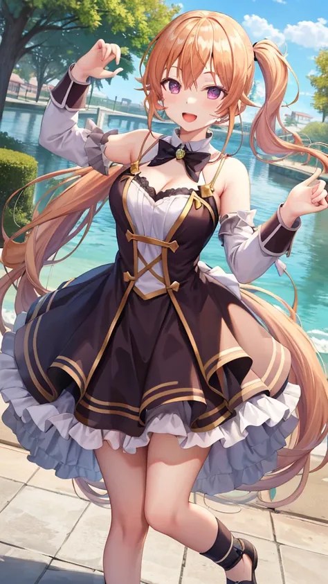 masterpiece, best quality, highres, aaerina, ponytail, long hair, princess connect Re:Dive cosplay, princess Dress, standing, smile, open mouth, outdoors, 