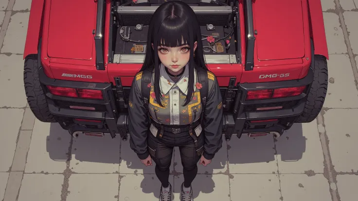  from above、 Fisheye 、red mercedes amg g 63 6x6、Japanese schoolgirl standing in front of a car 、 black and yellow pilot suit、 black hair、 bangs with lots of flowers 、 long hair、 adidas sneakers
