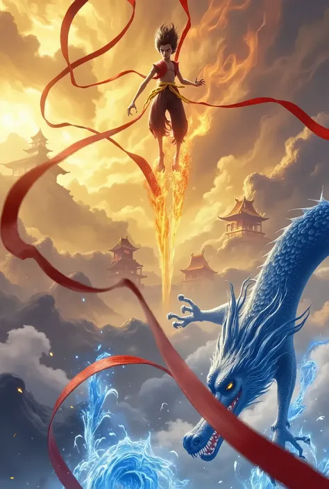 Nezha,A vibrant digital artwork capturing an epic and dynamic battle. At the center, a young martial artist soars mid-air, his traditional red and black outfit billowing dramatically in the wind. His fiery red scarf streams behind him, adding motion to the...
