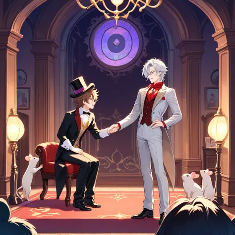 brown haired MALE , mad hatter's vibe, wearing a top hat, with a tiny MOUSE and another GUY/MALE, with LONG silver hair