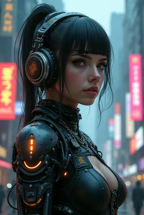 Cyberpunk-Girl, half-machine, from side