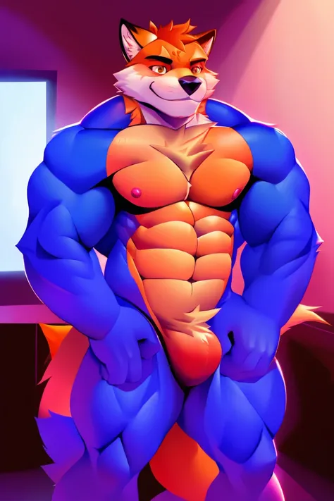 1man, From Front, Solo, 8k, Best Quality, Anthro, Furry, An Orange Fox, Super Muscular, Looking At the viewer, Naked, Blushes, 