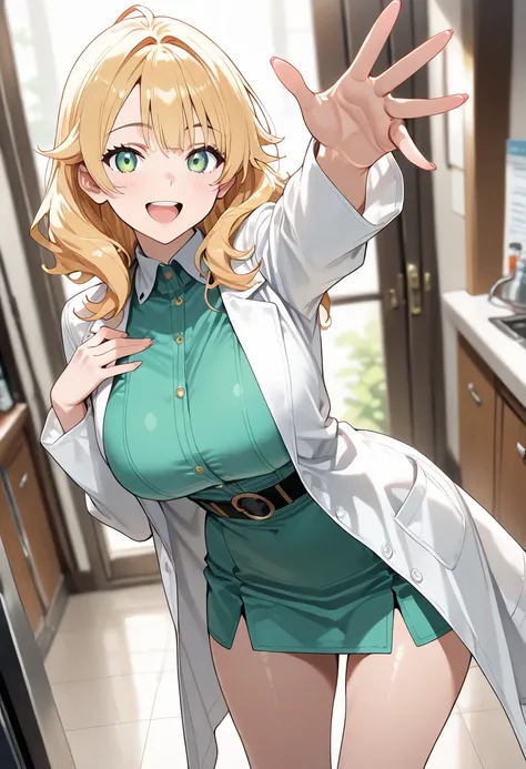 1girl,solo, midium hair, Honey blonde hair, light green eyes,green lab coat, \\BREAK shiny skin, happy smile, looking at viewer, blurry background, open mouth, smile,25 years old good anatomy, perfect anatomy, perfect fingers, perfect hands, (masterpiece:1...