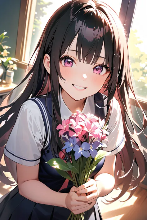 1 girl, (cute face), ager, (long hair), (smiling), (medium breasts), slim, (wearing school uniform), (skirt), knee length, (porcelain skin), 
BREAK 
flower arrangement club, classroom, (holding flowers:1.2), (surrounded by floral decorations:1.2), bright a...