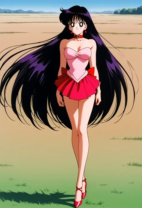 rei hino,  Very long hair, cabello negro,  split bangs ,  black eyes ,  90's style, 1 girl, alone,  better quality,  masterpiece,  high definition, strapless, a tight pink dress with short sleeves with bare shoulders,  of foot,  arms at your sides, collar,...