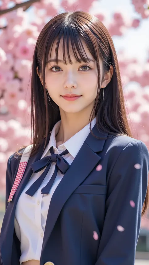 nsfw,  Korean Idols, Nogizaka idol,actress, gravure idol,  Graduation Ceremony、 high school girl、uniform 、  Navy Blue Blazer 、 cherry blossoms in full bloom、Cherry Blossom Confetti 、 Expiration Ratio、 cute、(( 18 year old woman:1.2))、Young cute Japanese fac...